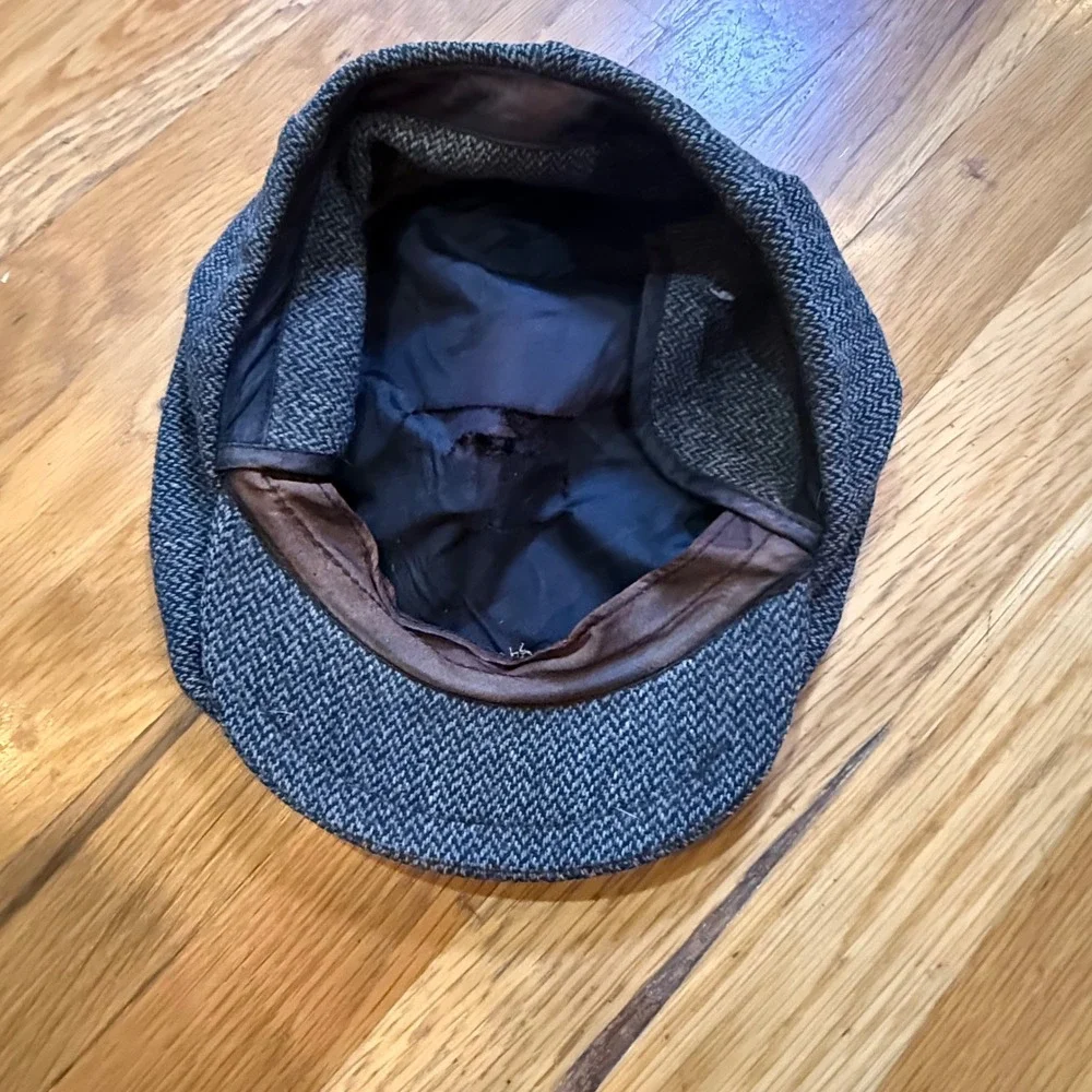 Vintage Grey Herringbone Tweed Flat Cap Newsboy Hat with Fold Down‎ Ear Flaps
